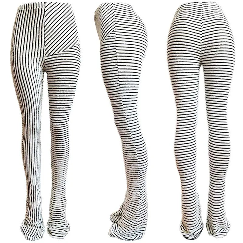 FAGADOER Stripe Plush Stacked Pants Women Casual Solid Color Fur Patchwork Flare Trousers Y2K Female Streetwear Bottoms 2025 New