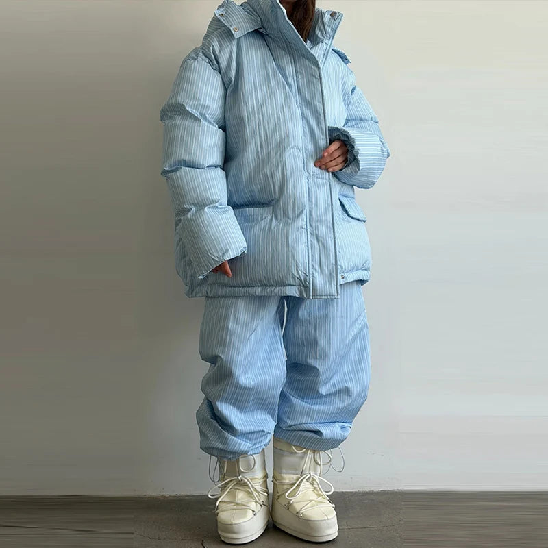 Striped Hooded Puffer Jacket and Wide Leg Pants Set for Women