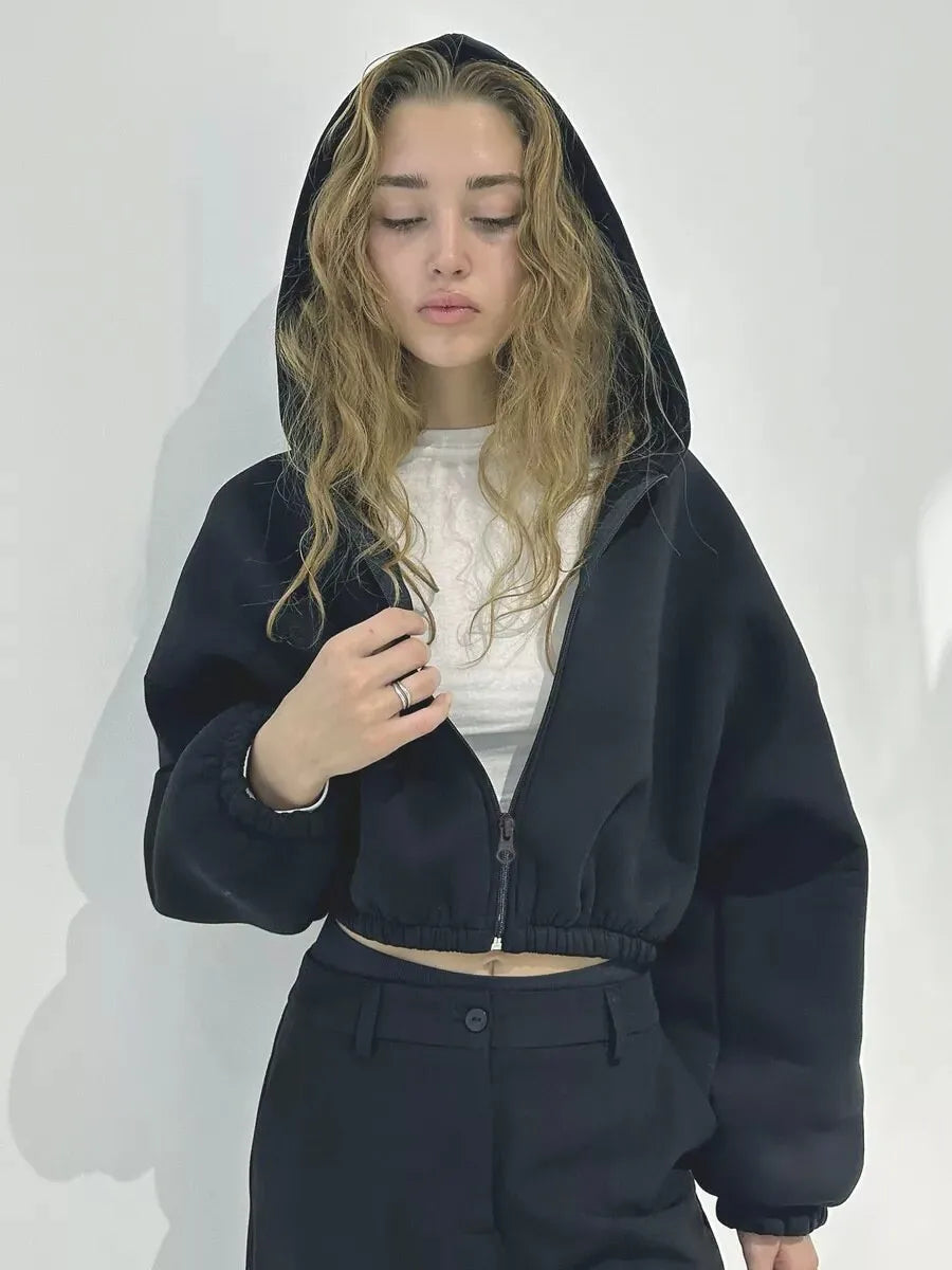 Cropped Zipper Hooded Sweatshirt Jacket With Long Sleeves for Women