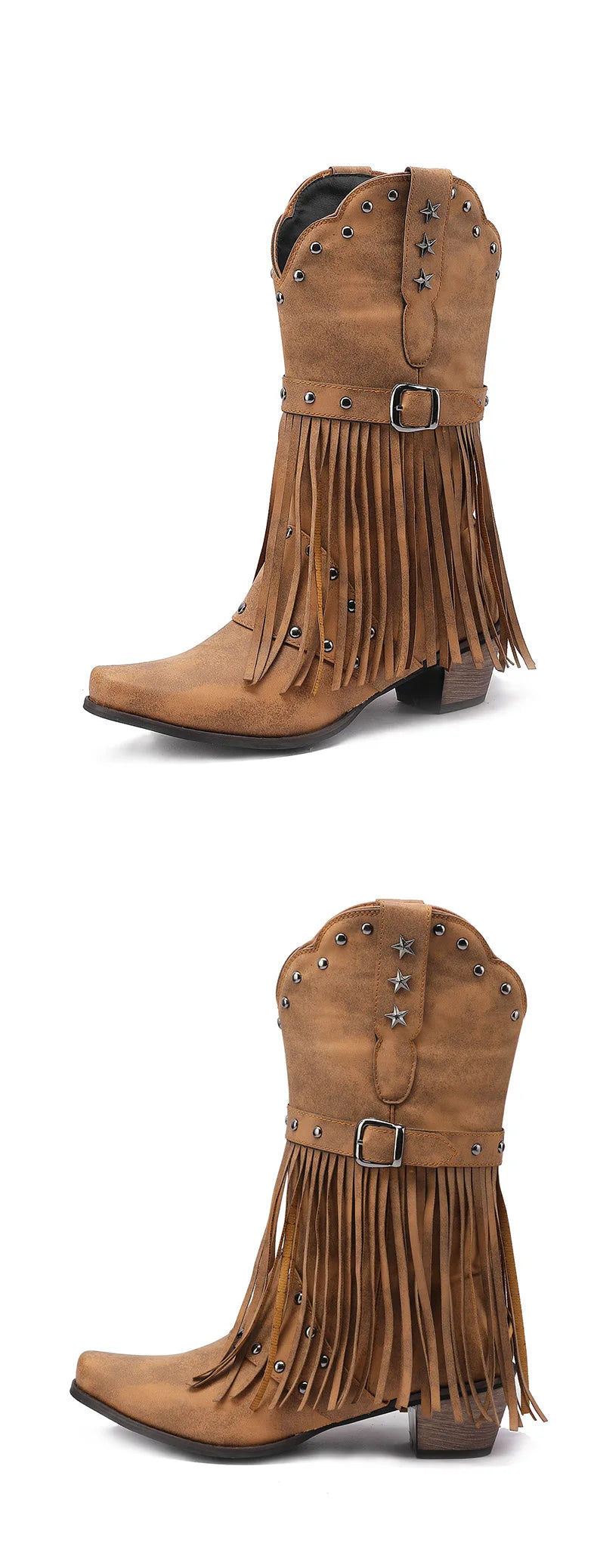 Western Fringed Riveted Block Heel Knee Boots for Women