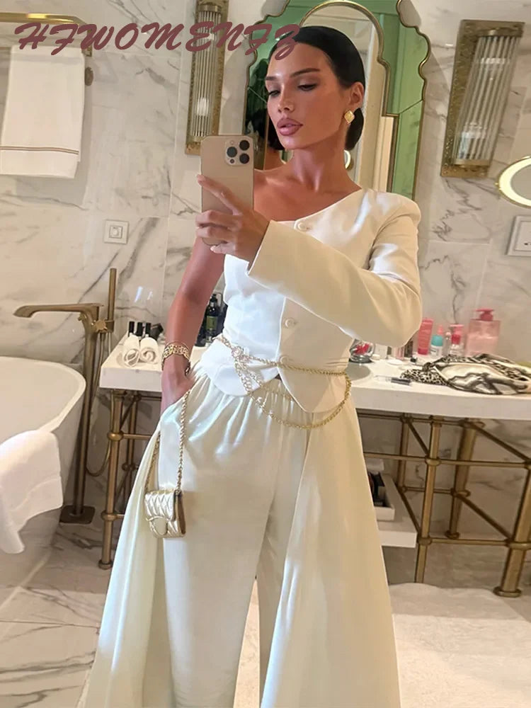 Chic White Lace Patchwork Long Blazer Set for Women