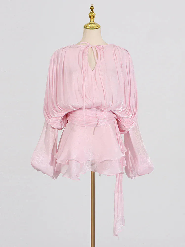 TWOTWINSTYLE Loose Solid Dresses For Women Round Neck Lantern Sleeve High Waist Spliced Fold Mini Chic Dress Female Fashion 2025