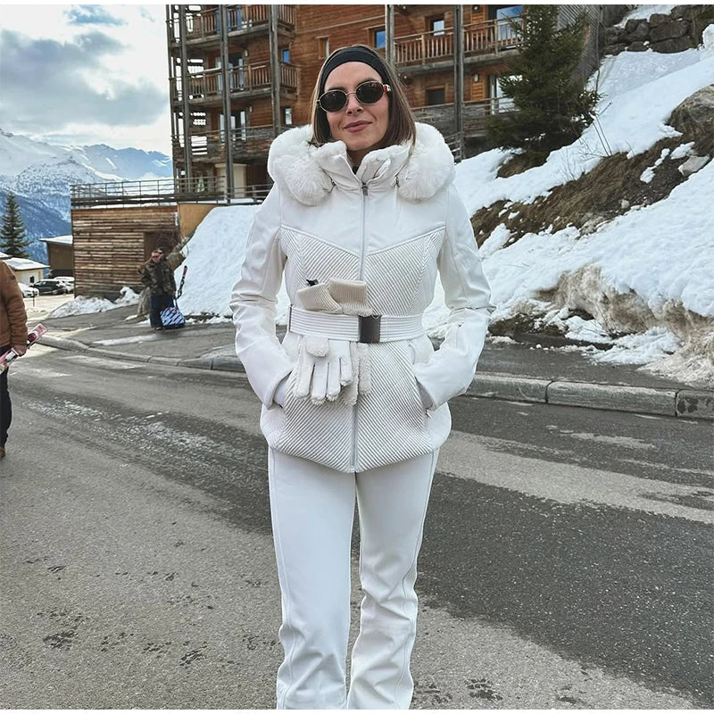 Warm Fur Trim Hooded Winter Ski Suit with Belt for Women