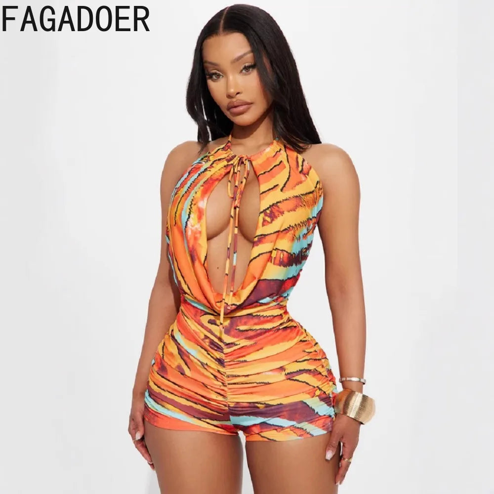 FAGADOER Sexy Printing Bodycon Bikini Rompers Women Halter Hollow Out Sleeveless Backless Jumpsuits Female Clubwear Overalls New
