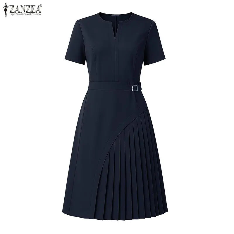 Pleated V Neck Knee Length Dress