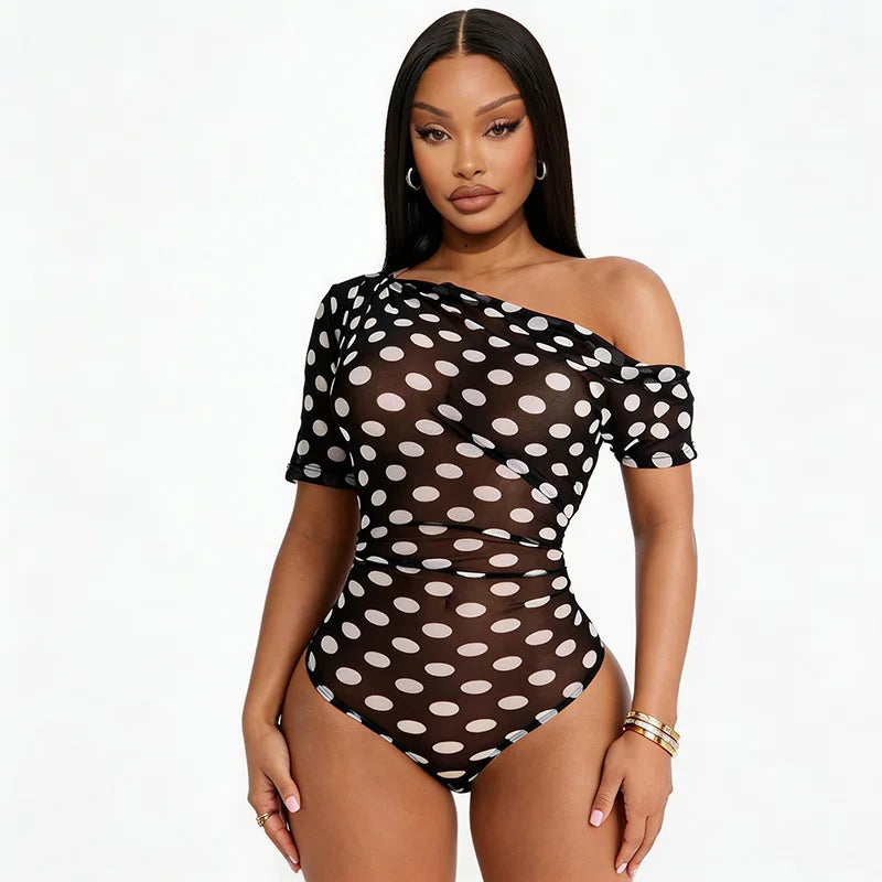 Off Shoulder Polka Dot Mesh See Through Two Piece Set for Women