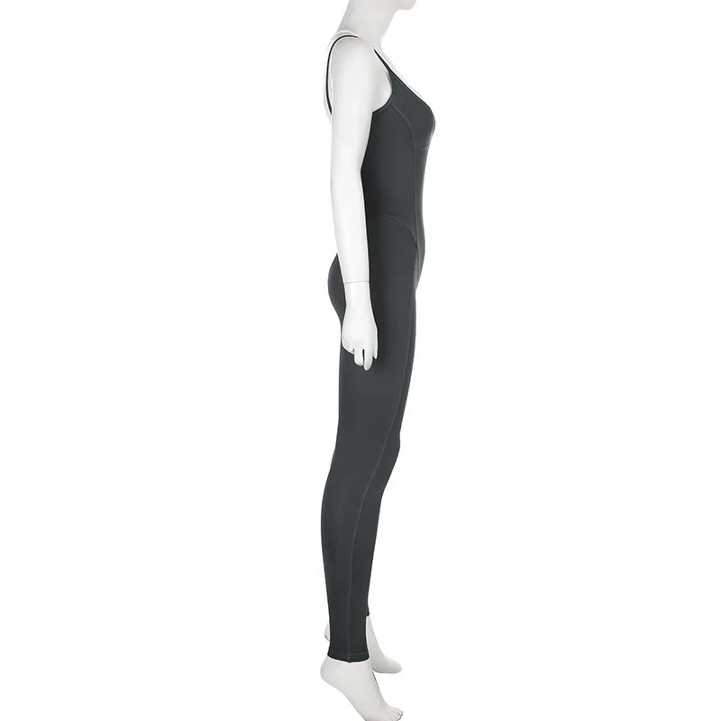 BOOFEENAA Patchwork Bodycon Halter Backless Jumpsuit Women Leggings Sports Yoga Clothes One Piece Outfits Active Wear C56-CI24