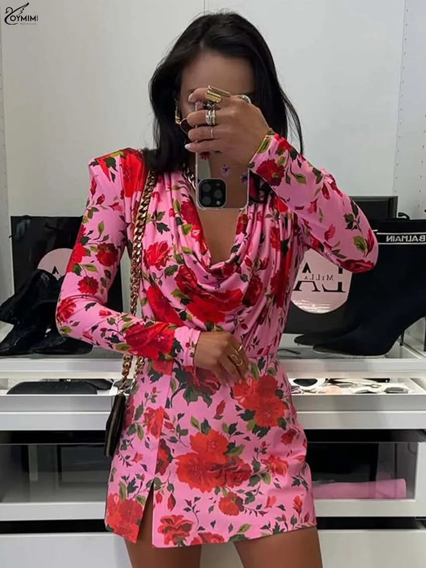 Oymimi Elegant Pink Print 2 Pieces Set For Woman Fashion V-Neck Long Sleeve Slim Tops And High Waist Side Slit Shorts Skirt Sets