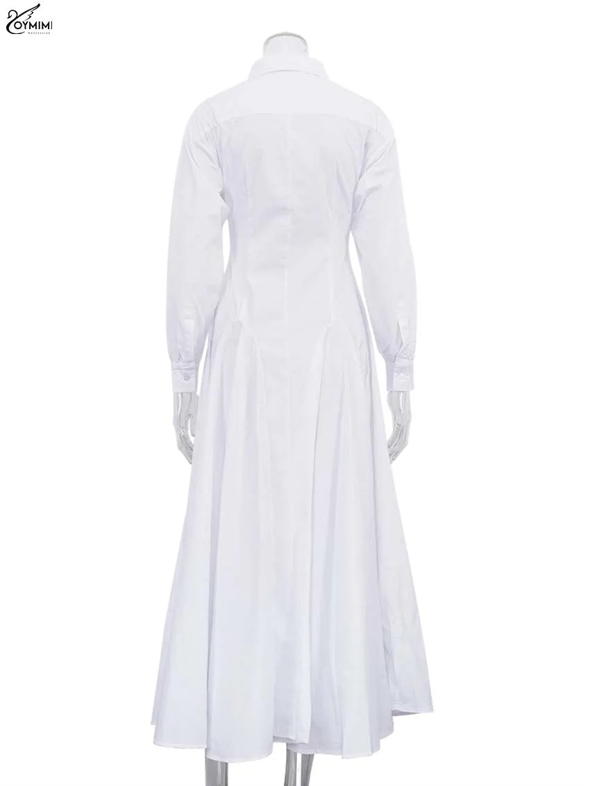 Oymimi Elegant White Lapel Women's Dress Fashion Three Quarter Sleeve Pockets Dresses Casual Button Pleated Ankle-Length Dresses