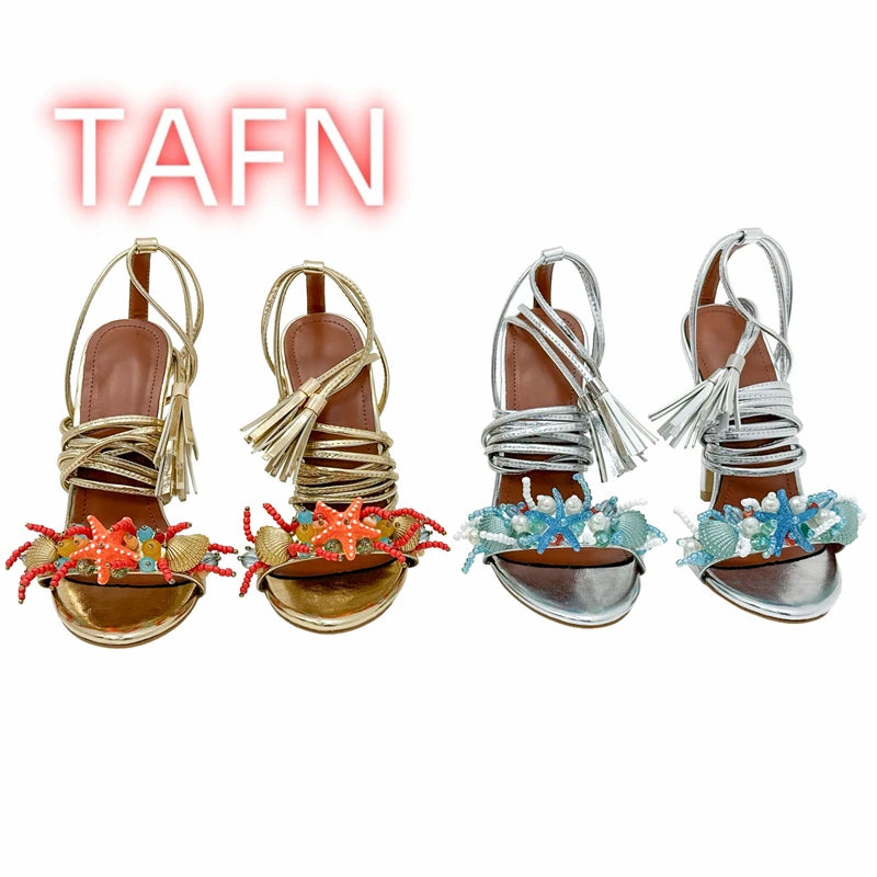 Shell Embellished Starfish Tassels Lace Up Sandals for Women