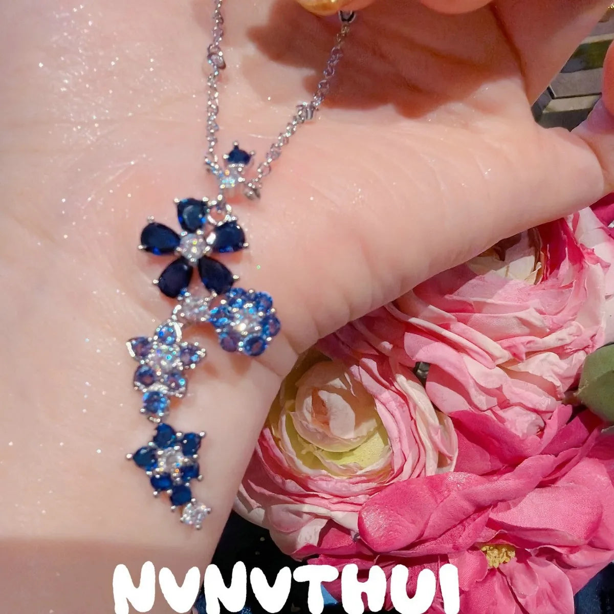 Vintage Blue Floral Zircon Necklace and Bracelet Set for Women