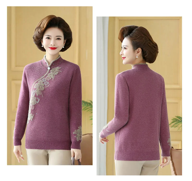 2025 Autumn New Mom's Velvet And Warm Knitted Embroidered Bottom Shirts Imitation Mink Fleece Winter Inner Plsh Thick Pullover