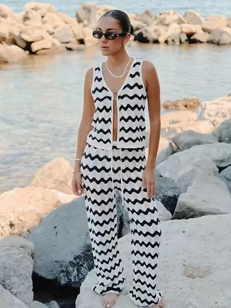 2025 Wave Striped Knit 2 Piece-Set Women's Fashion Top Lace-up Long Pant Knitwear Sets Holiday Swimsuit Cover Up Outfits K130