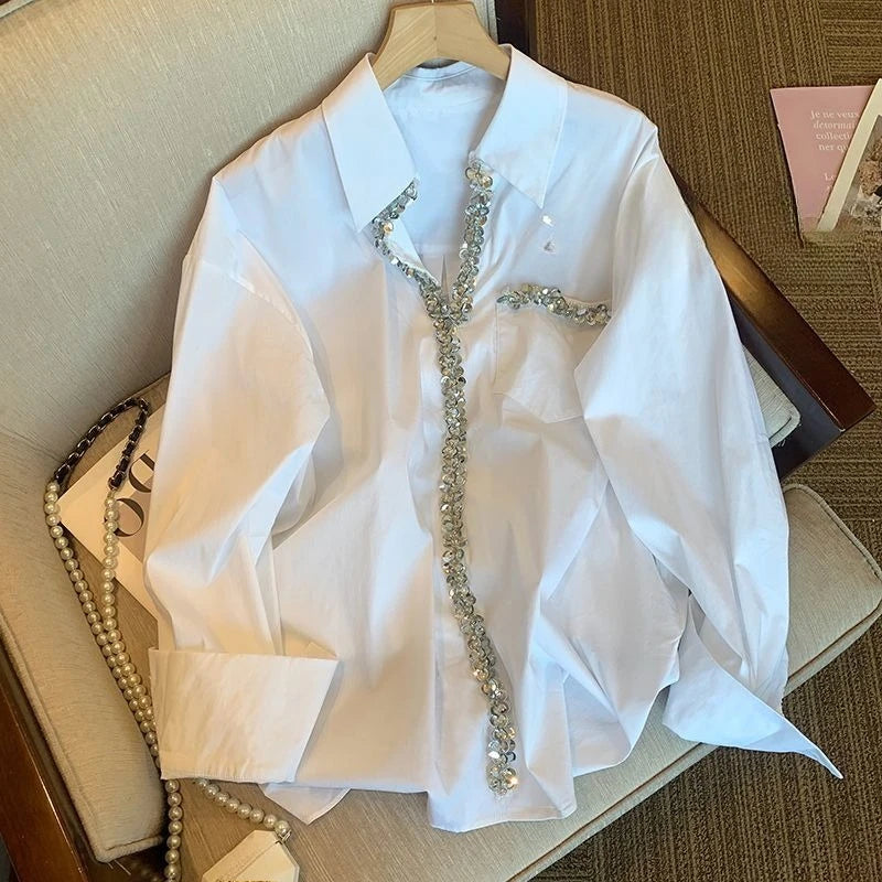 Oversized White Long Sleeve Button Up Shirt for Women