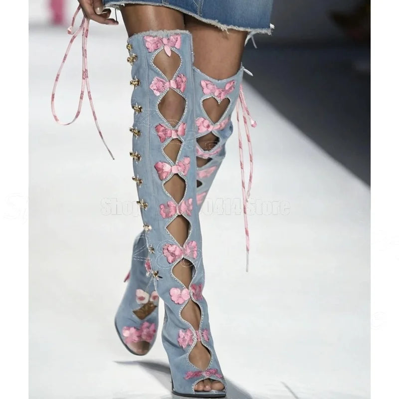Chunky Heel Pointy Toe Denim Boots With Side Zipper For Women