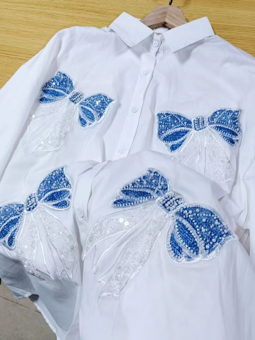 Luxury Diamonds Sequins Pearls Cotton Blouses Shirts for Women 2025 Autumn Trend Shirt Long Sleeve Tops Camisas De Mujer