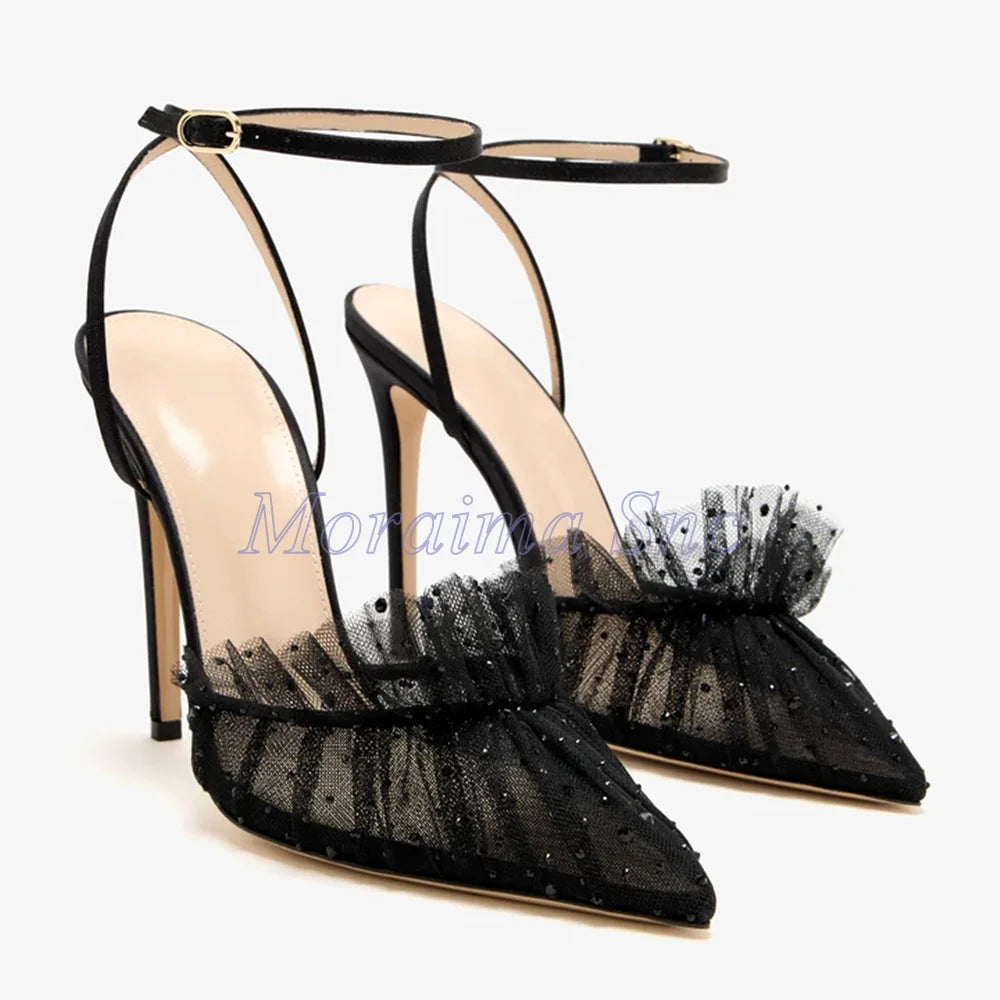 Pink Pointed Toe Ruffled Rhinestone Stiletto Sandals for Women