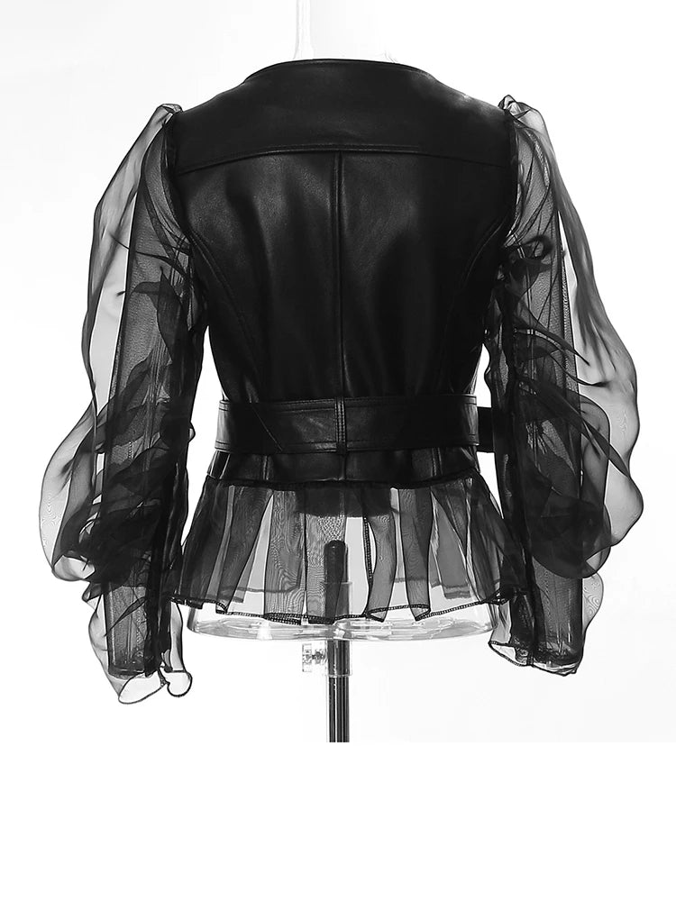 Elegant Loose Fit Black Faux Leather Lapel Jacket for Women