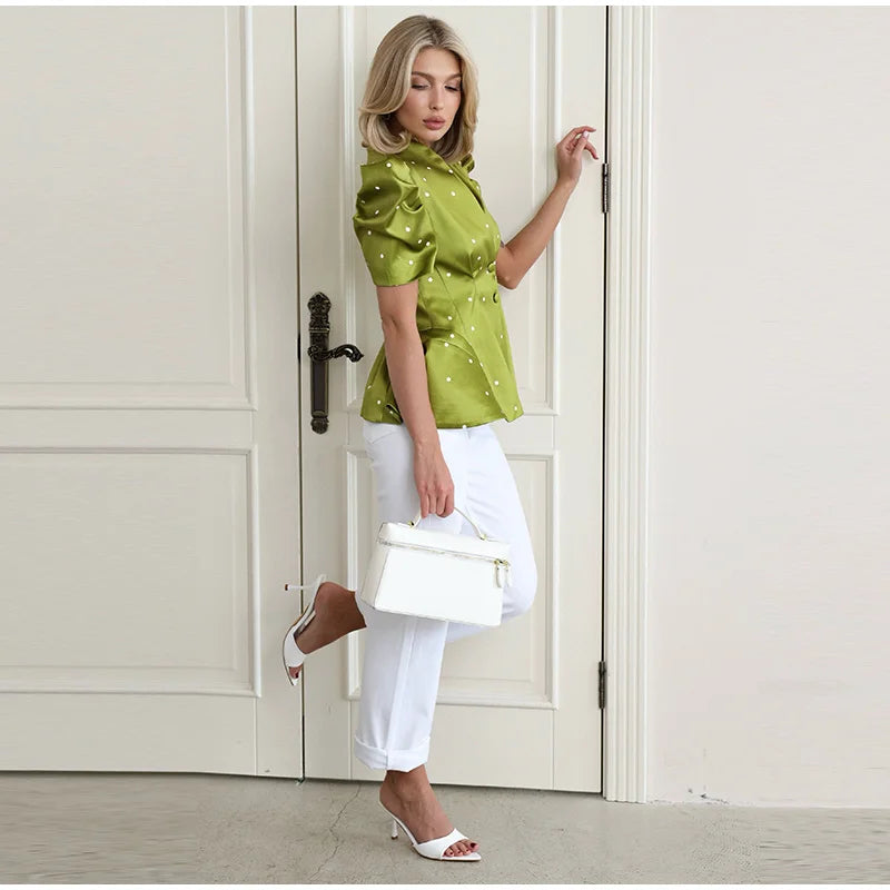 Elegant Printed Puff Sleeve Stand Collar Shirt for Women
