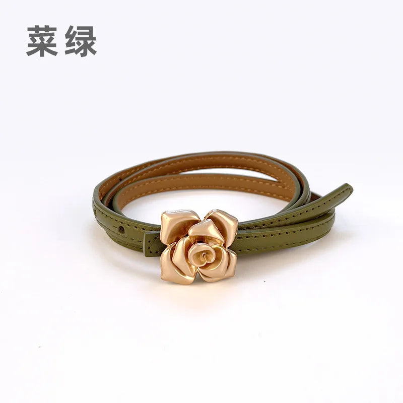 Double Sided Metal Flower Buckle Thin Belt for Women