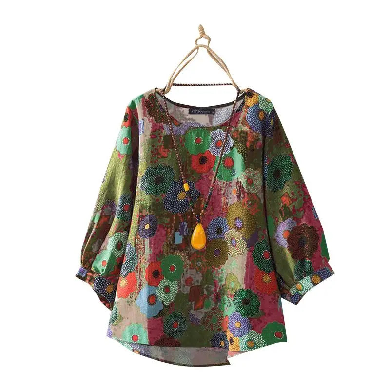 ZANZEA Women Long Sleeve Blouse 2024 Autumn Retro Floral Print Shirts Vintage Office Lady Cotton Chemise Holiday Round Neck Tops