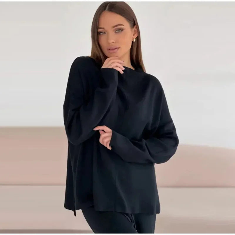 Solid Turtleneck Sweatshirt Set With Wide Leg Pants for Women