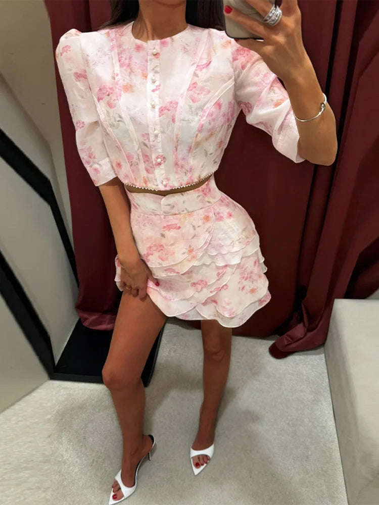 Floral Print Puff Sleeve Chiffon Pleated Two Piece Skirt Set For Women