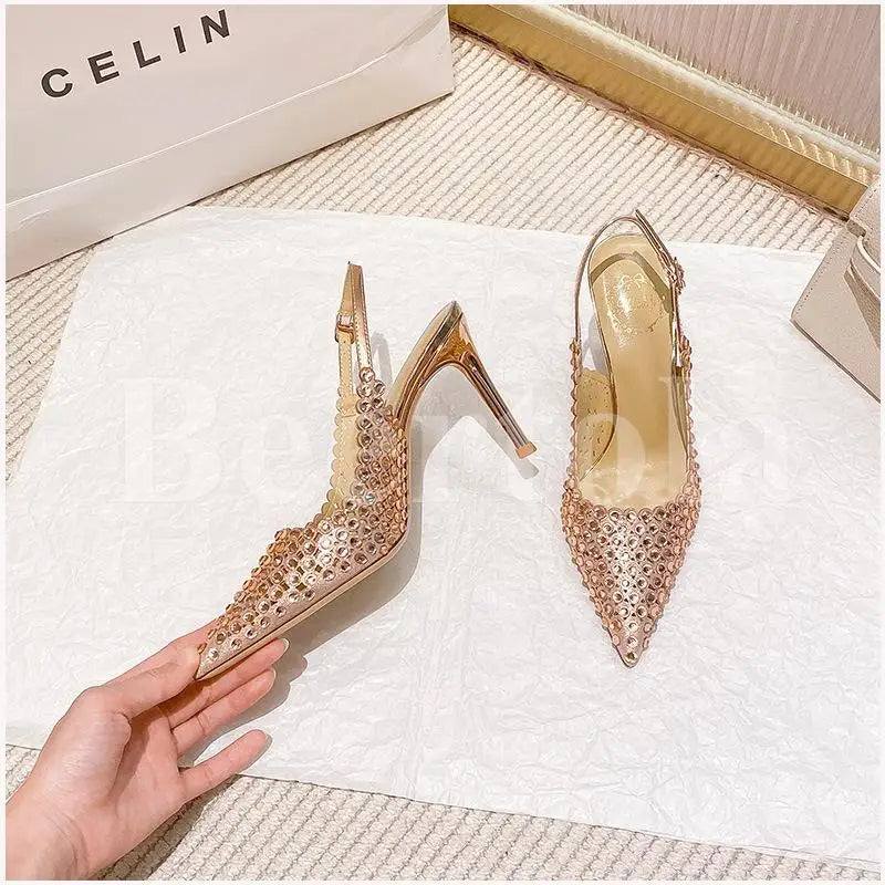 New Rhinestones Woman Sandals Diamond Pointed Toe Shallow Thin High Heels Back Strap Stilettos Female Wedding Bride Sandals