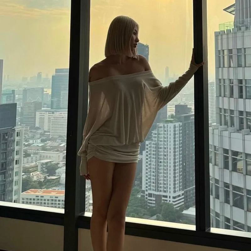 Elegant Ruched Off Shoulder Knit Mini Dress For Women