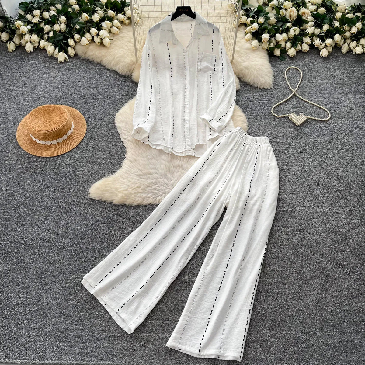Collared Shirt and Wide Leg Pants Set