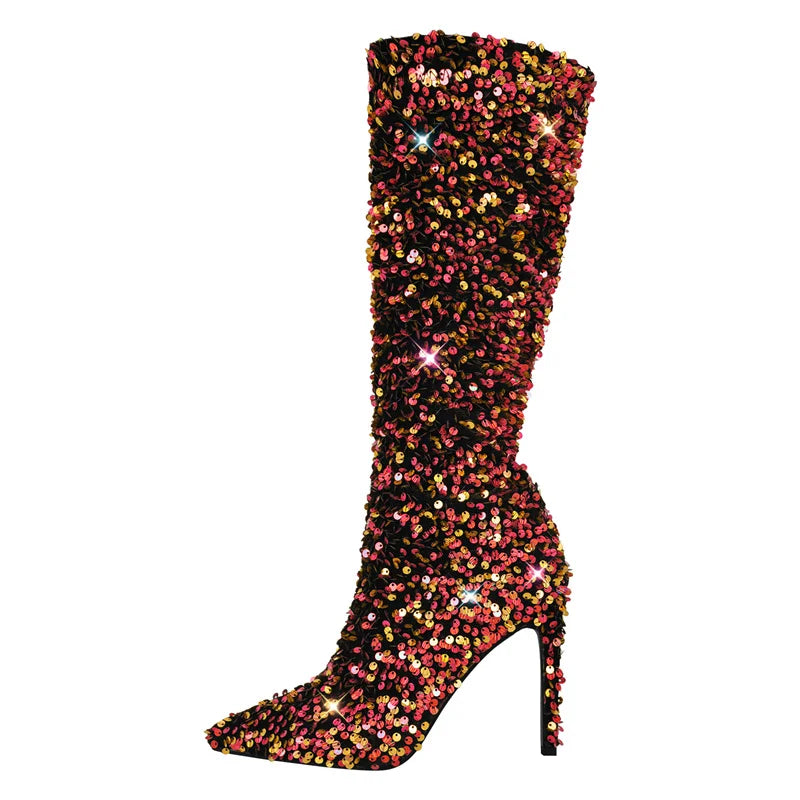 Winter Warm Pointed Toe Stiletto High Heel Mid Calf Faux Fur Boots for Women