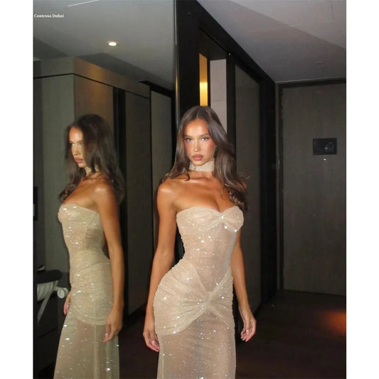 Glam Strapless Sequin Bead Prom Dress