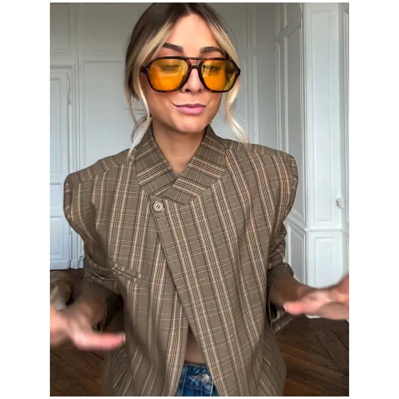Vintage Plaid Lapel Blazer and Shorts Set for Women
