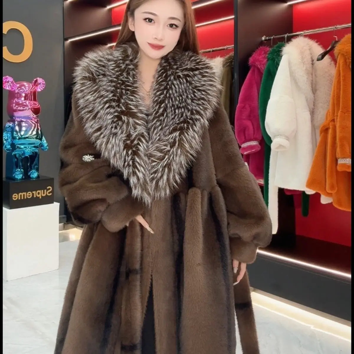 Faux Fur Coat for Women,Turn-down Collar,Loose Thicken Warm Jacket,Female Clothes,Adjustable Waist,New ,Winter
