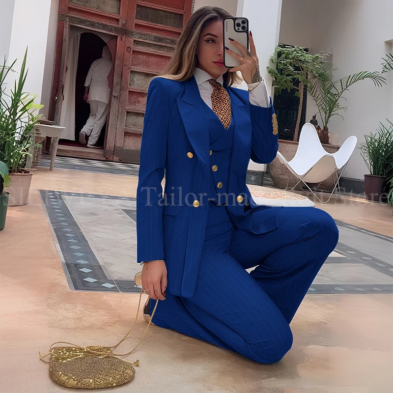 Slim Fit Double Breasted Green Striped Suit Set For Women