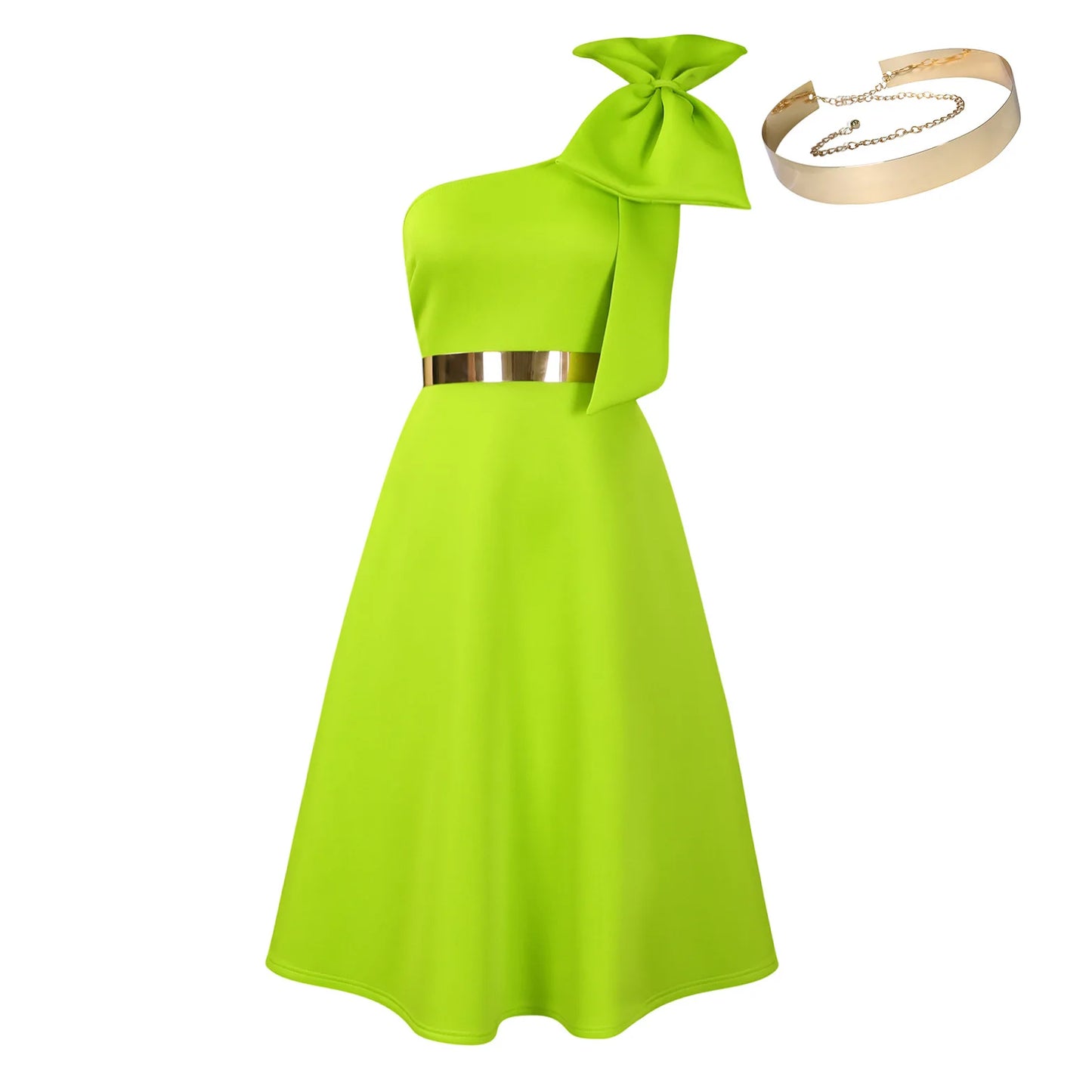 Dress One Shoulder A Line Pleated Knee Length Sleeveless Bow Belt Elegant Party Style