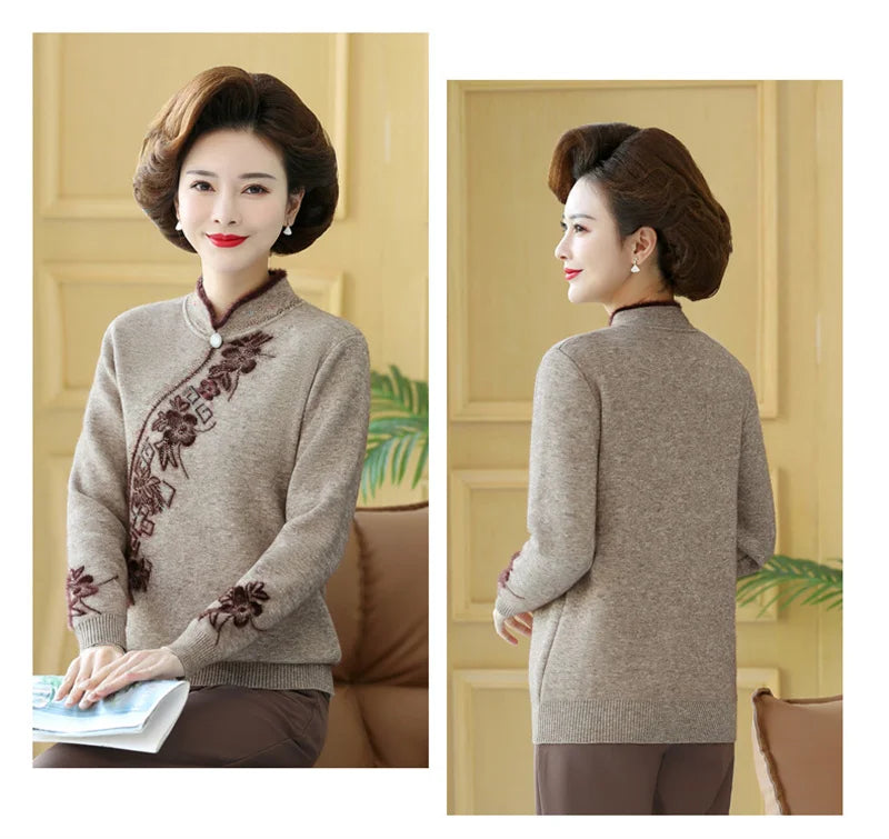 2025 Autumn New Mom's Velvet And Warm Knitted Embroidered Bottom Shirts Imitation Mink Fleece Winter Inner Plsh Thick Pullover