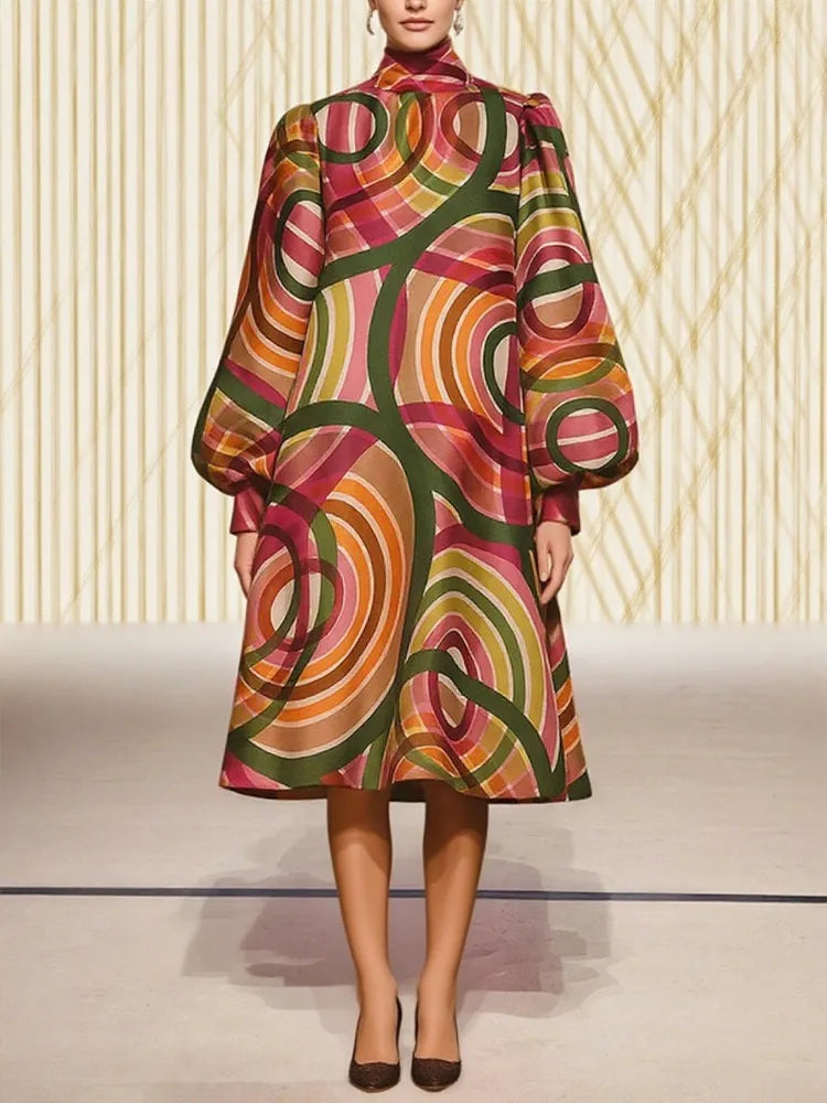 Gymystars Elegant Dresses for Party Fall Women Clothes Chic Straps Colorful High Neck Lantern Sleeve Fashion Wedding Guest Dress