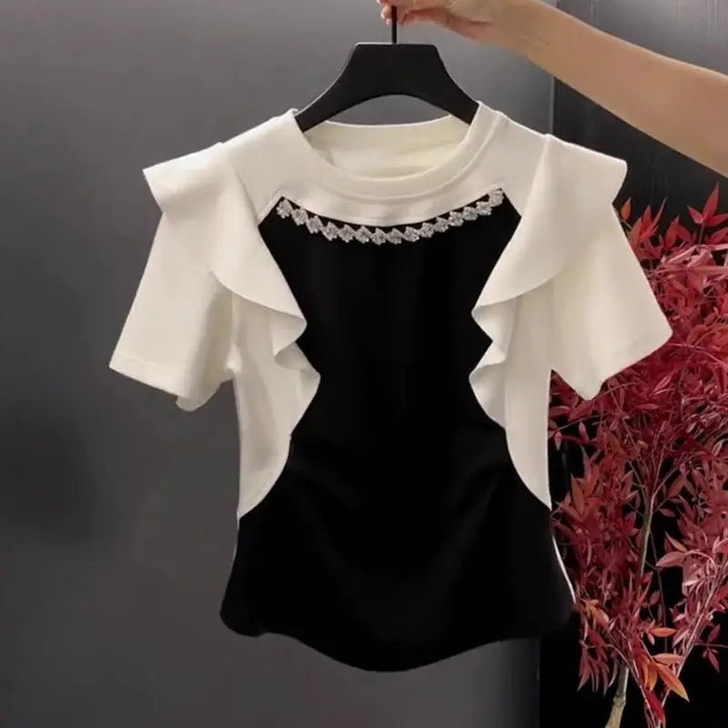 French style fashion ruffled three-dimensional disc color block T-shirt short sleeve women's summer new patchwork casual top