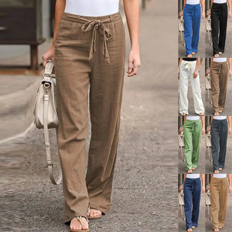 Linen Cotton Elastic Waist Ankle Length Pants for Women