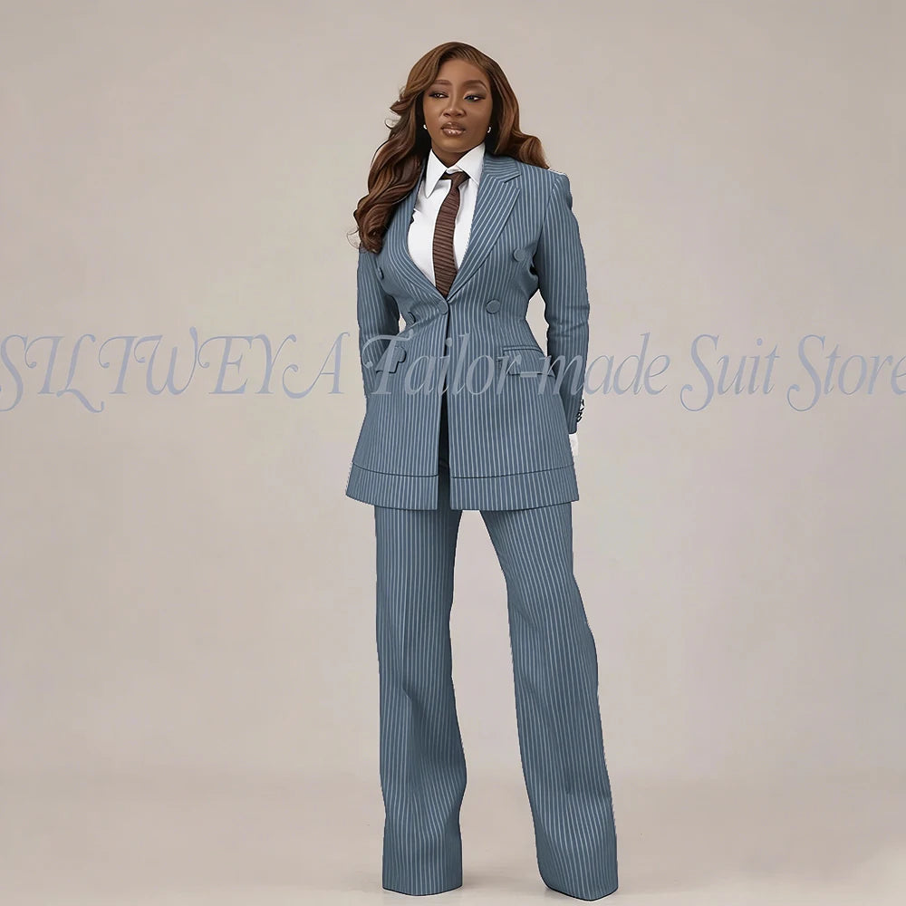 Slim Fit Brown Striped Blazer Set With Pants For Women