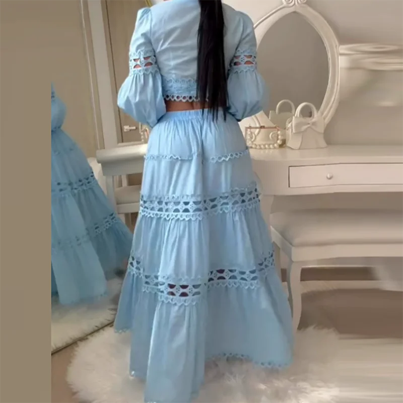 Lace Design Loose Party Suit Women Casual O-neck Long Sleeve Top & Long Skirt 2 Piece Set Sexy Hollow Out Pleated Holiday Outfit