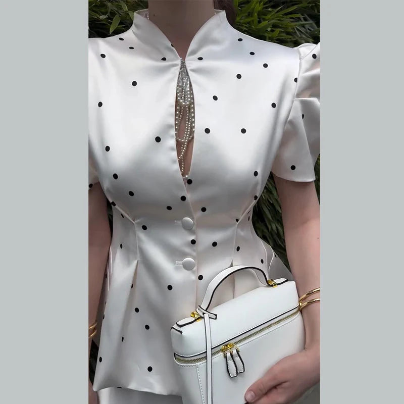 Elegant Printed Puff Sleeve Stand Collar Shirt for Women