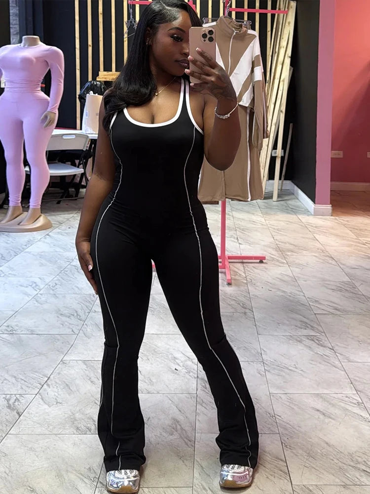 Cutenew Panelled Stripe Women Jumpsuits Casual Summer Sporty O-neck Sleeveless Backless Skinny Overalls Female Active One Piece