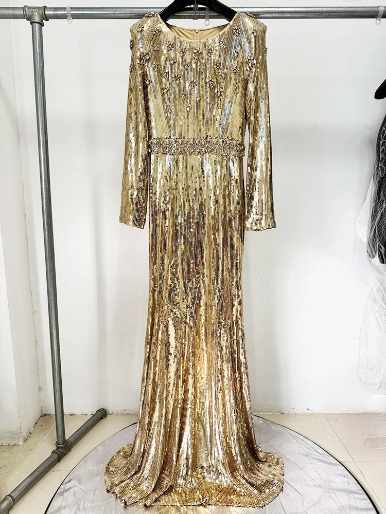 HIGH STREET Newest Fashion 2026 Designer Party Vestido Women's Long Sleeve Gold Sequined Diamonds Long Maxi Dress