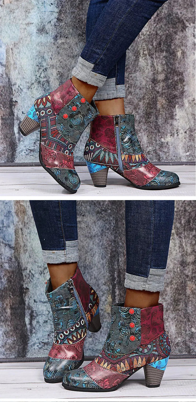 Vintage Printed Leather Zippered Ankle Boots for Women