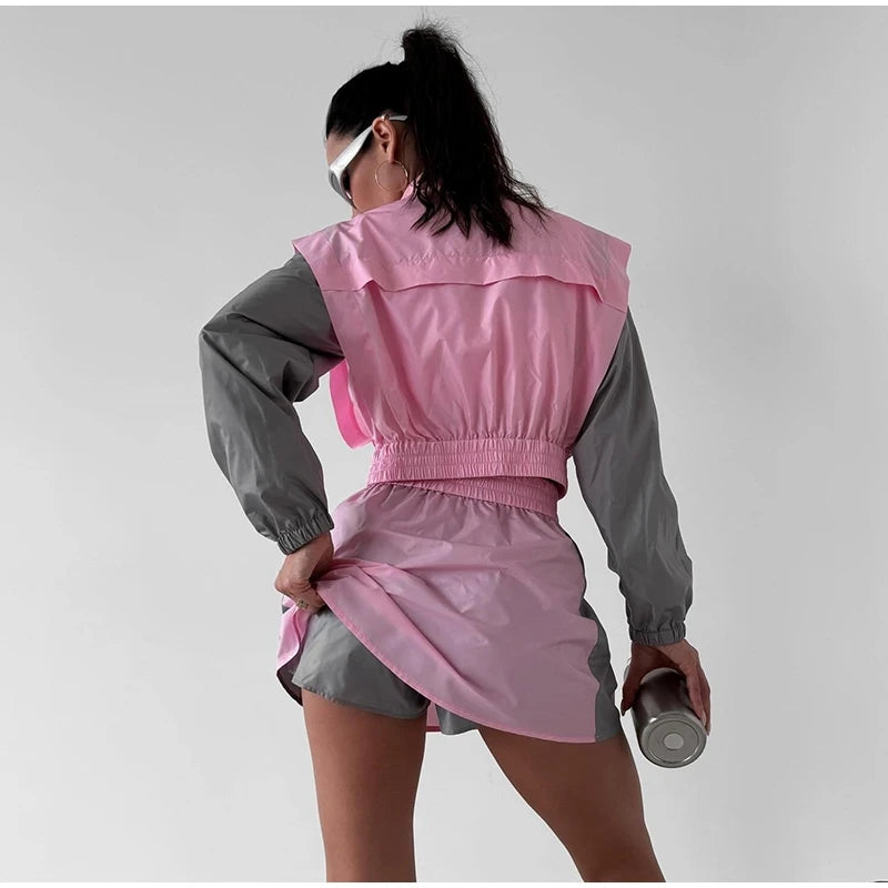 Casual Color Block Long Sleeve Jacket And Mini Skirt Set For Women