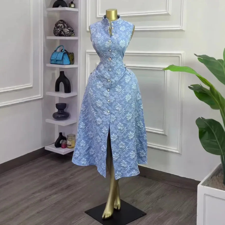 Elegant Sleeveless Stand Collar Midi Dress for Women