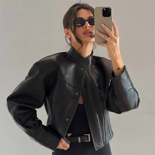Slim Fit Faux Leather Jackets Women Classic Moto Biker PU Fitted Zipper Jacket Spring Autumn Basic Bomber Coat Street Outerwear