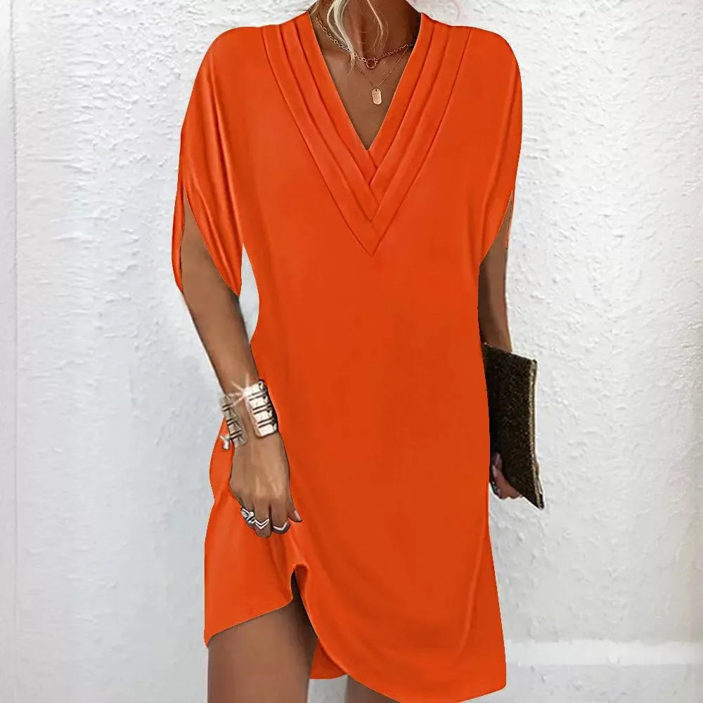 Solid Color Draped V Neck Batwing Pullover Dress for Women